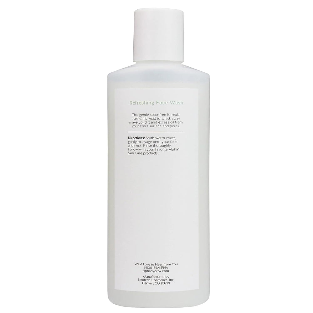 Alpha Skin Care Refreshing Face Wash packaging highlights suitability for all skin types and a pack of 2.