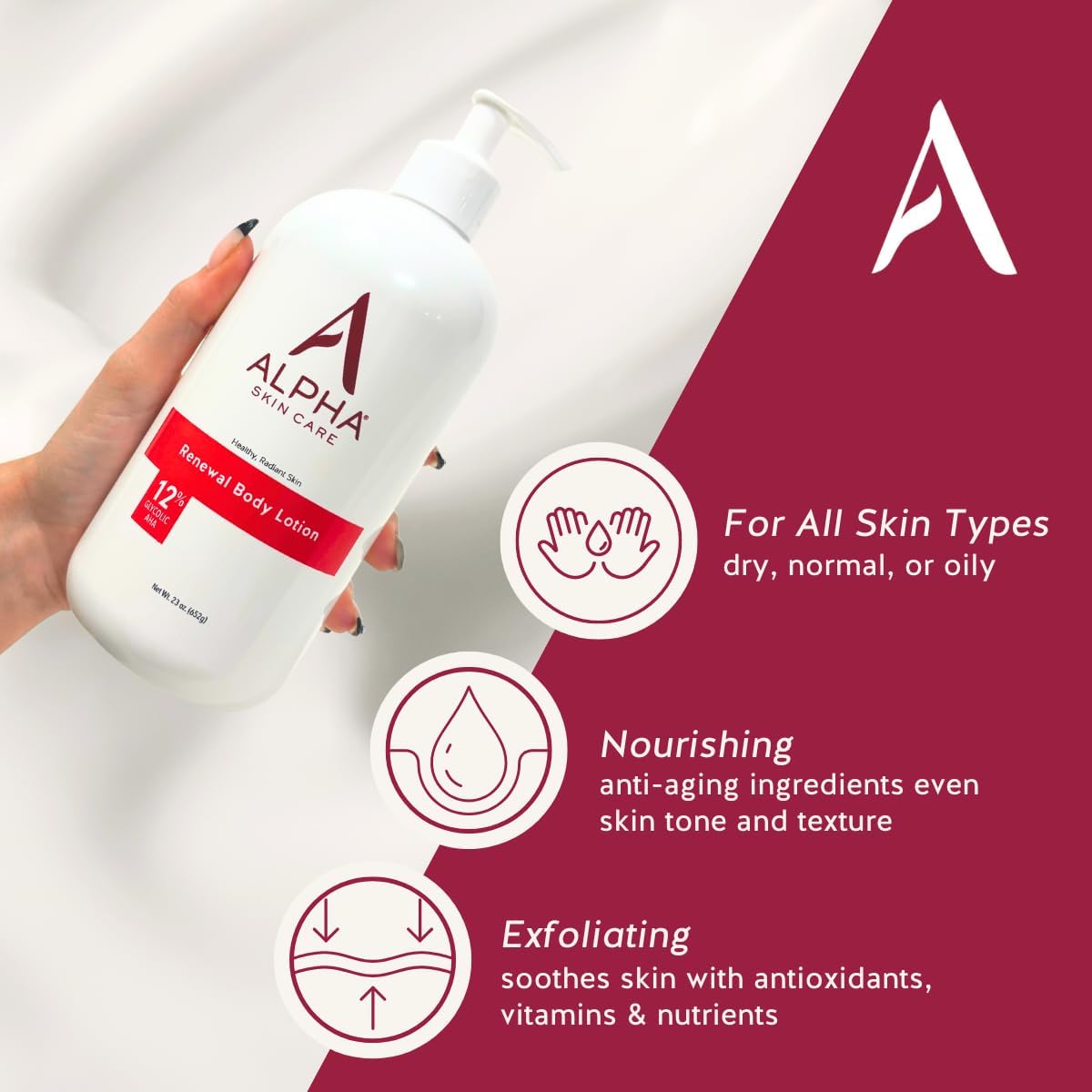 Alpha Skin Care Revitalizing Body Lotion texture showing rich hydration and smooth skin.