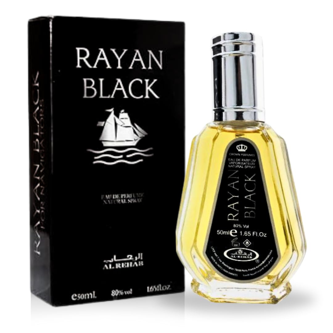 Al-Rehab Rayyan Black EDP bottle front view, ideal for daily wear and evening occasions.
