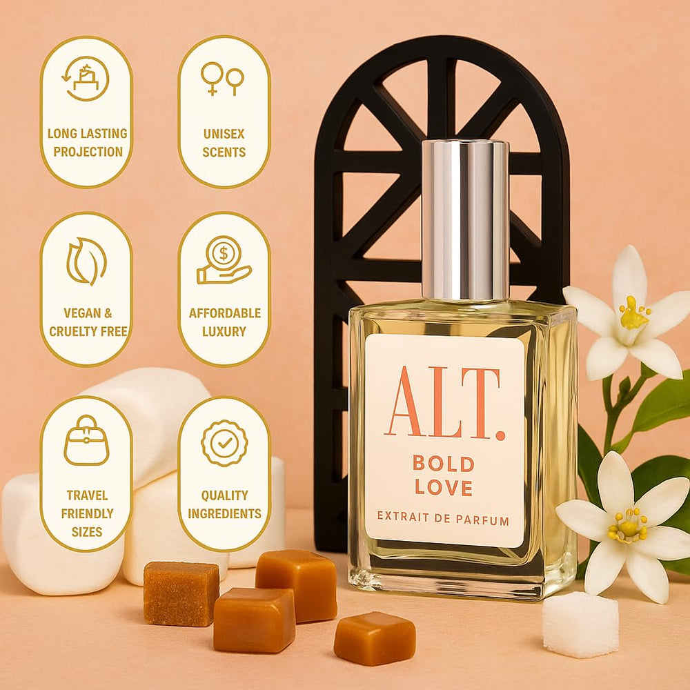 ALT. FRAGRANCES Bold Love packaging box, premium yet affordable luxury packaging.