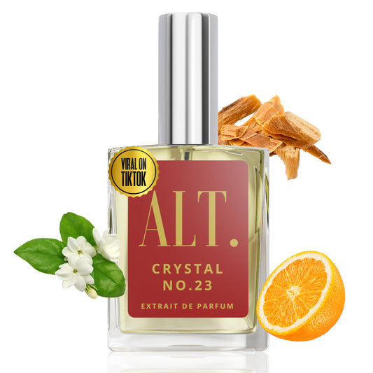 ALT Crystal No. 23 Extrait de Parfum bottle highlighting bold amber and jasmine for everyday elegance.