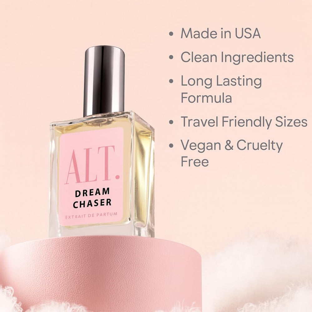 ALT. FRAGRANCES Dream Chaser base notes cacao and patchouli for lasting depth.