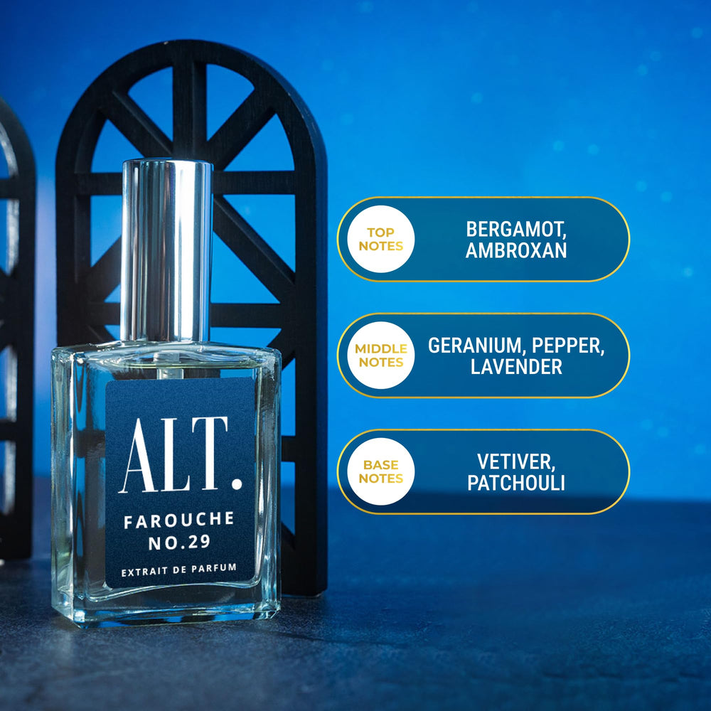 ALT. Fragrances Farouche No. 29 close-up shows bergamot-vanilla notes.