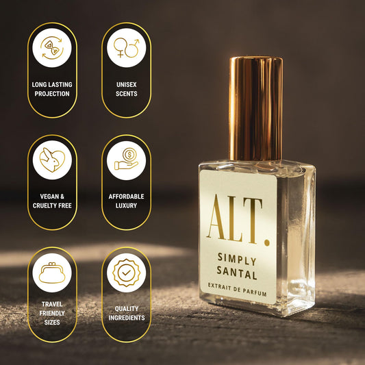 ALT. Fragrances Simply Santal Extrait cap closeup highlights luxurious leather accents.