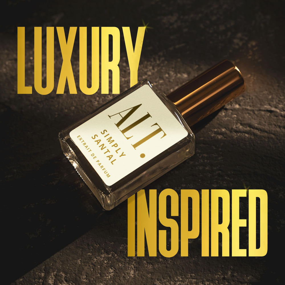 ALT. Fragrances Simply Santal Extrait leather texture shot suggests confident, contemporary style.