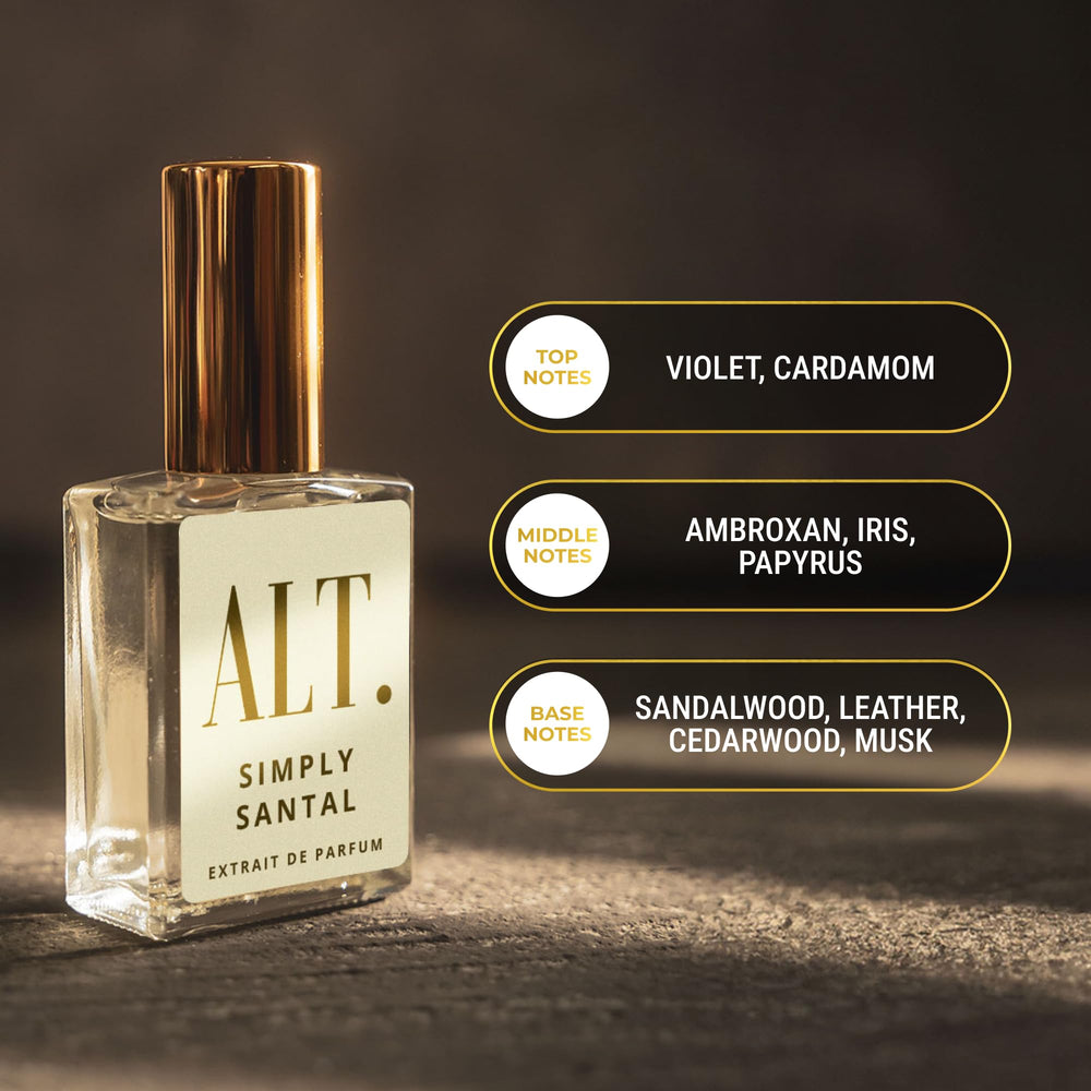 ALT. Fragrances Simply Santal Extrait wood-notes feature depth for daytime wear.