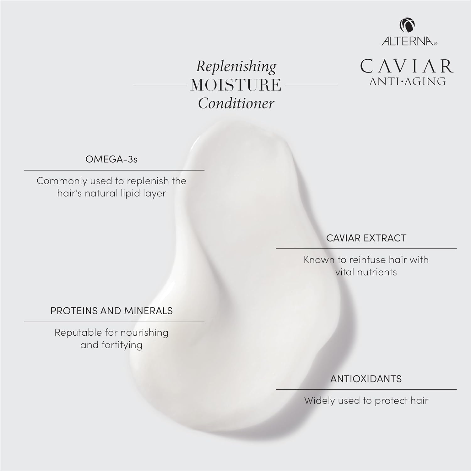 Alterna Caviar Anti-Aging shampoo texture close-up with glossy, hydrated strands