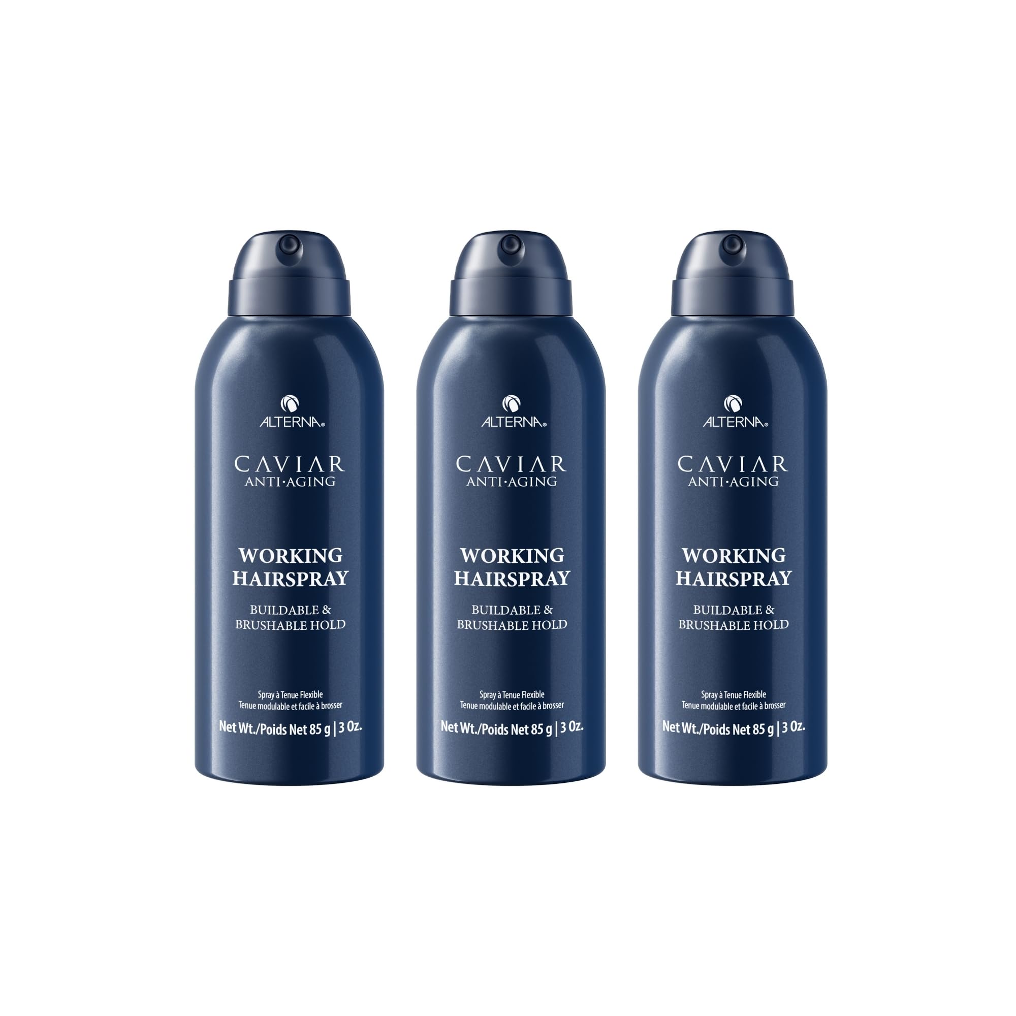 Alterna Caviar Anti-Aging Working Hairspray travel size offers flexible hold and radiant shine