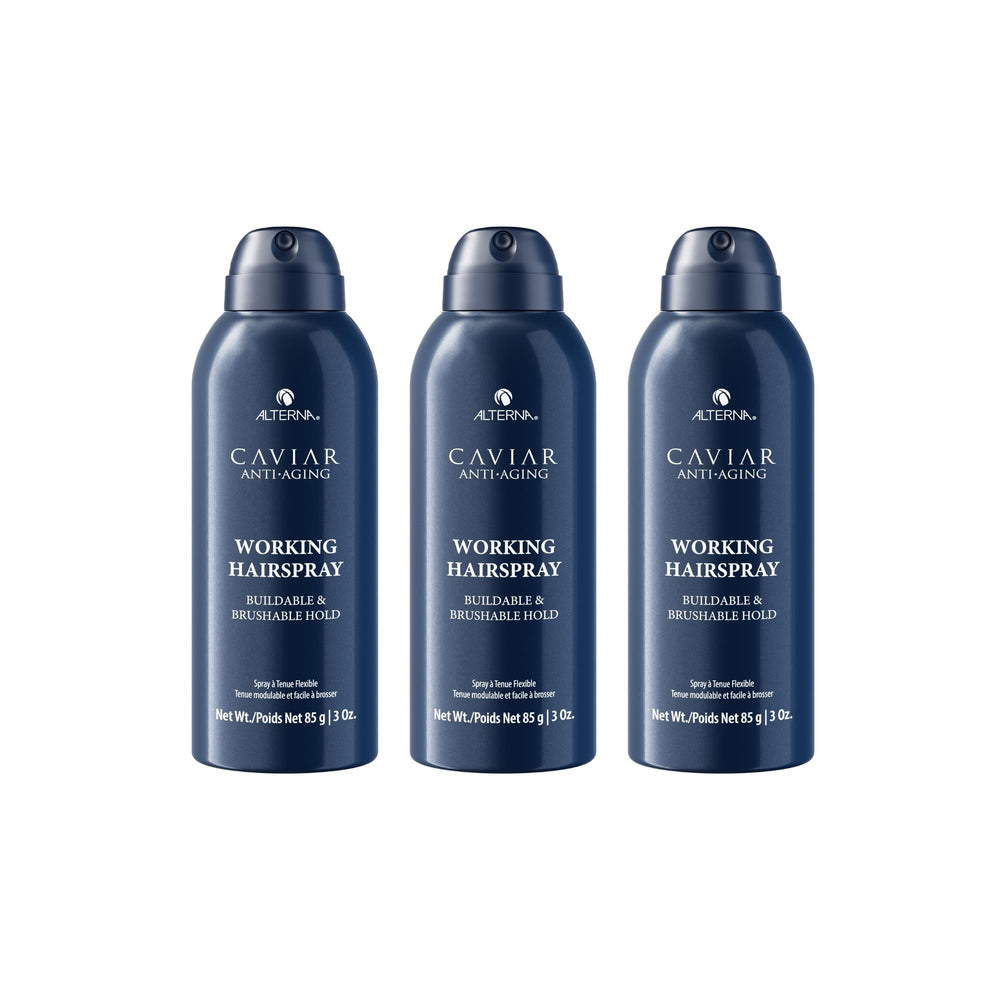 Alterna Caviar Anti-Aging Working Hairspray travel size offers flexible hold and radiant shine