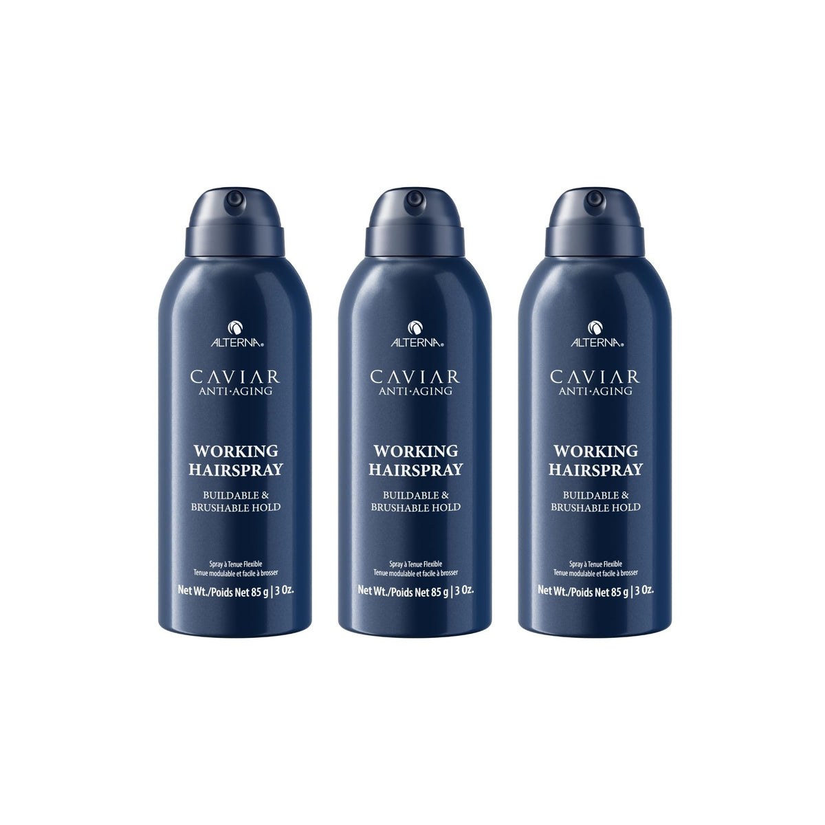 Alterna Caviar Anti-Aging Working Hairspray travel size offers flexible hold and radiant shine