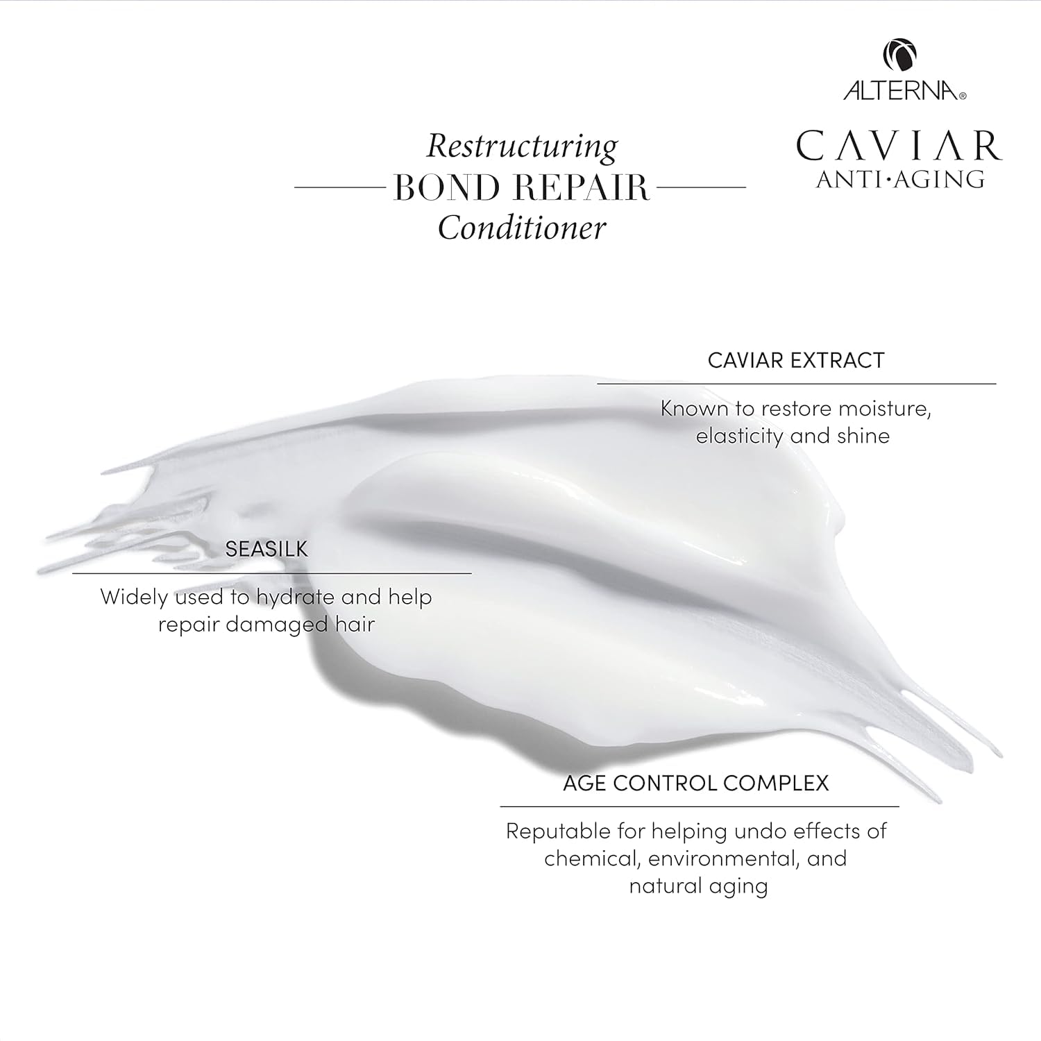 Close-up of silky hair after conditioning with Alterna CAVIAR Bond Repair for smoother manageability.