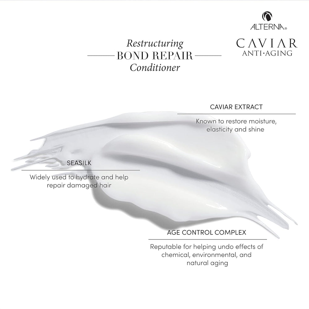 Close-up of silky hair after conditioning with Alterna CAVIAR Bond Repair for smoother manageability.