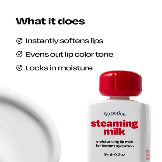 alternativestereo Lip Potion Steaming Milk on lips for a cool, refreshing application.