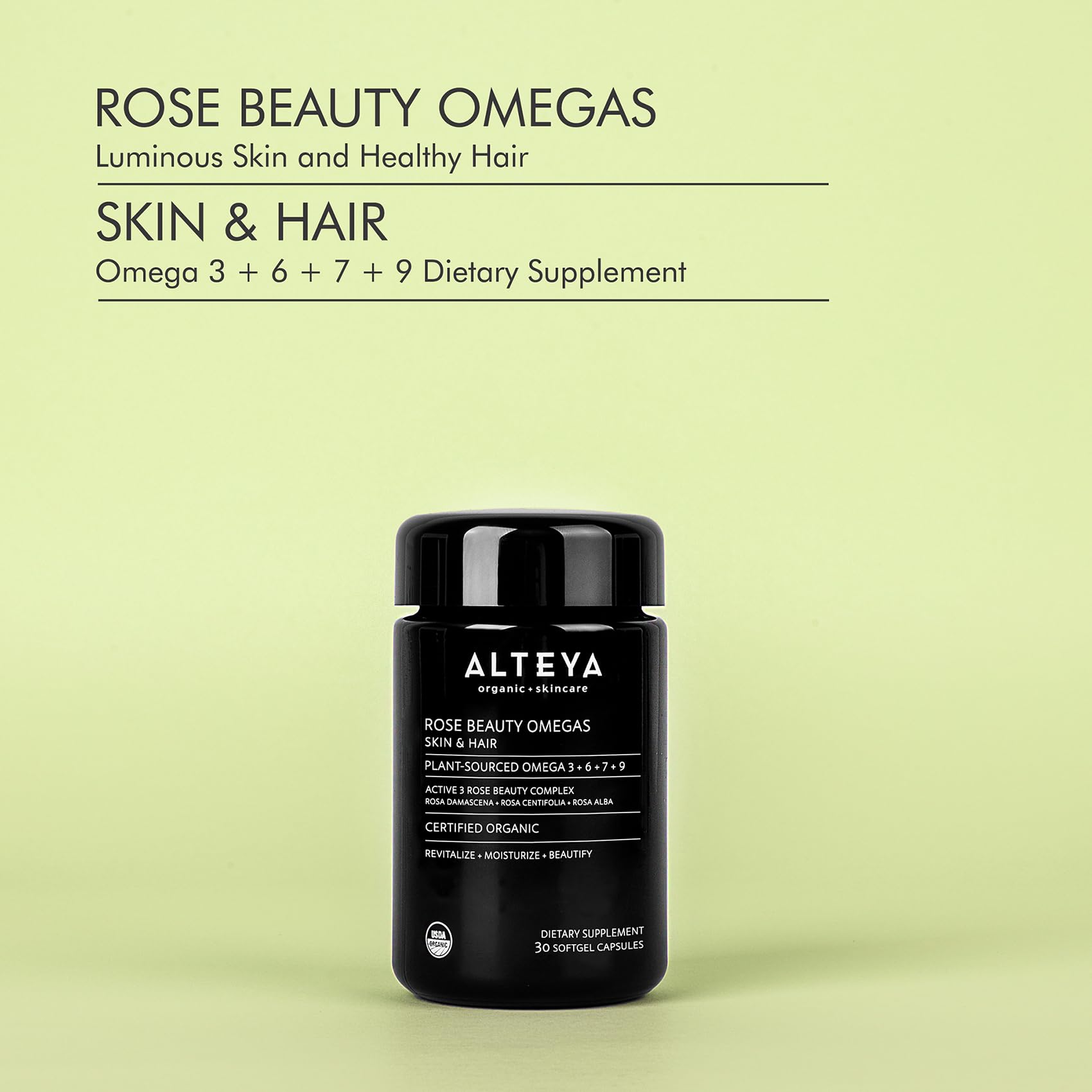 Closeup of soft capsules highlighting plant-based omegas for glowing skin and lustrous hair