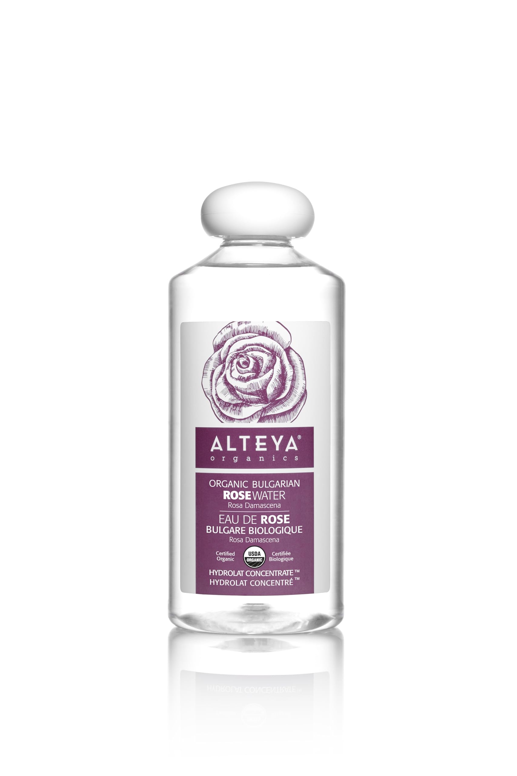 Alteya Organics Rose Water Toner bottle front with USDA Organic certification and hydrating focus