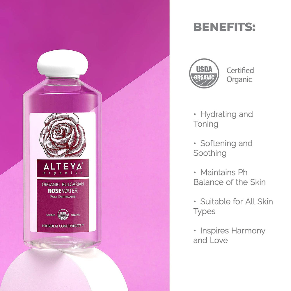 Alteya Organics Rose Water Toner packaging display with eco-friendly packaging