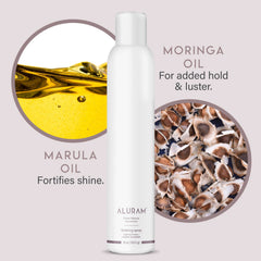 ALURAM Finishing Spray bottle highlights nourishing oils at work.