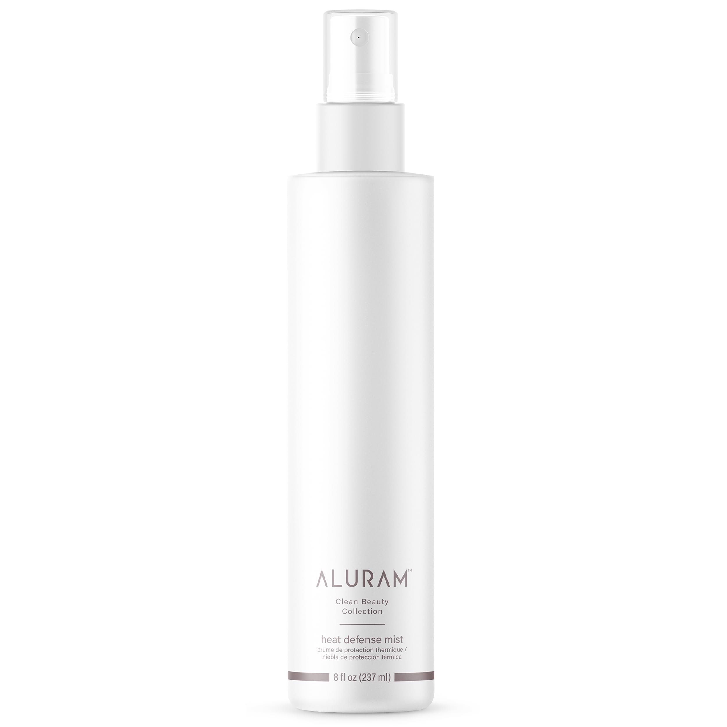 ALURAM Heat Defense Mist bottle front shows lightweight protection for all hair types.