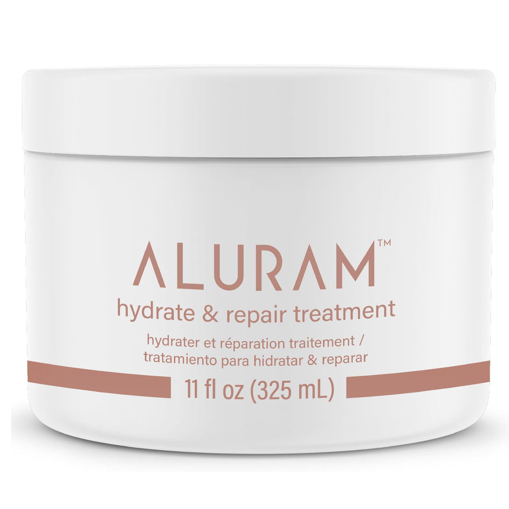 ALURAM Hydrate & Repair bottle front, suitable for all hair types.