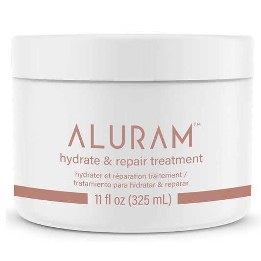 ALURAM Hydrate & Repair bottle front, suitable for all hair types.