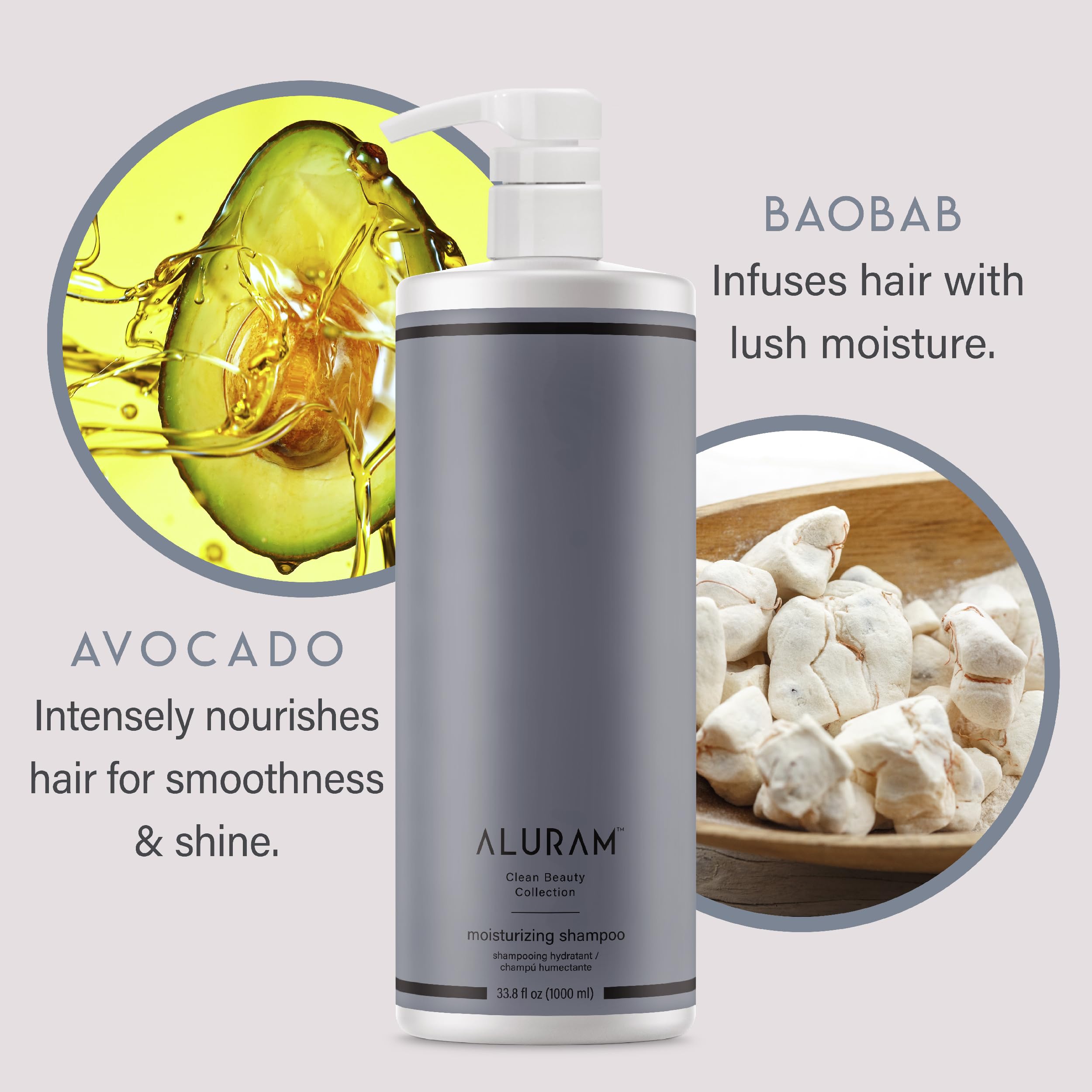 ALURAM shampoo with baobab and avocado oils visual illustrating nourishing ingredients