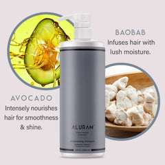 ALURAM shampoo with baobab and avocado oils visual illustrating nourishing ingredients