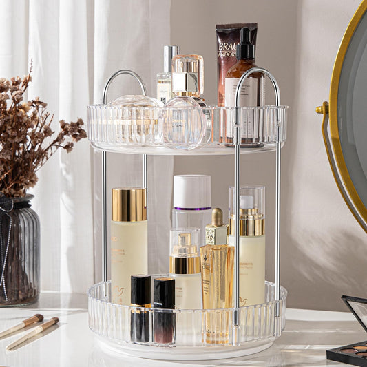 ALUYUYO rotating makeup organizer with 360° access for quick cosmetic retrieval.