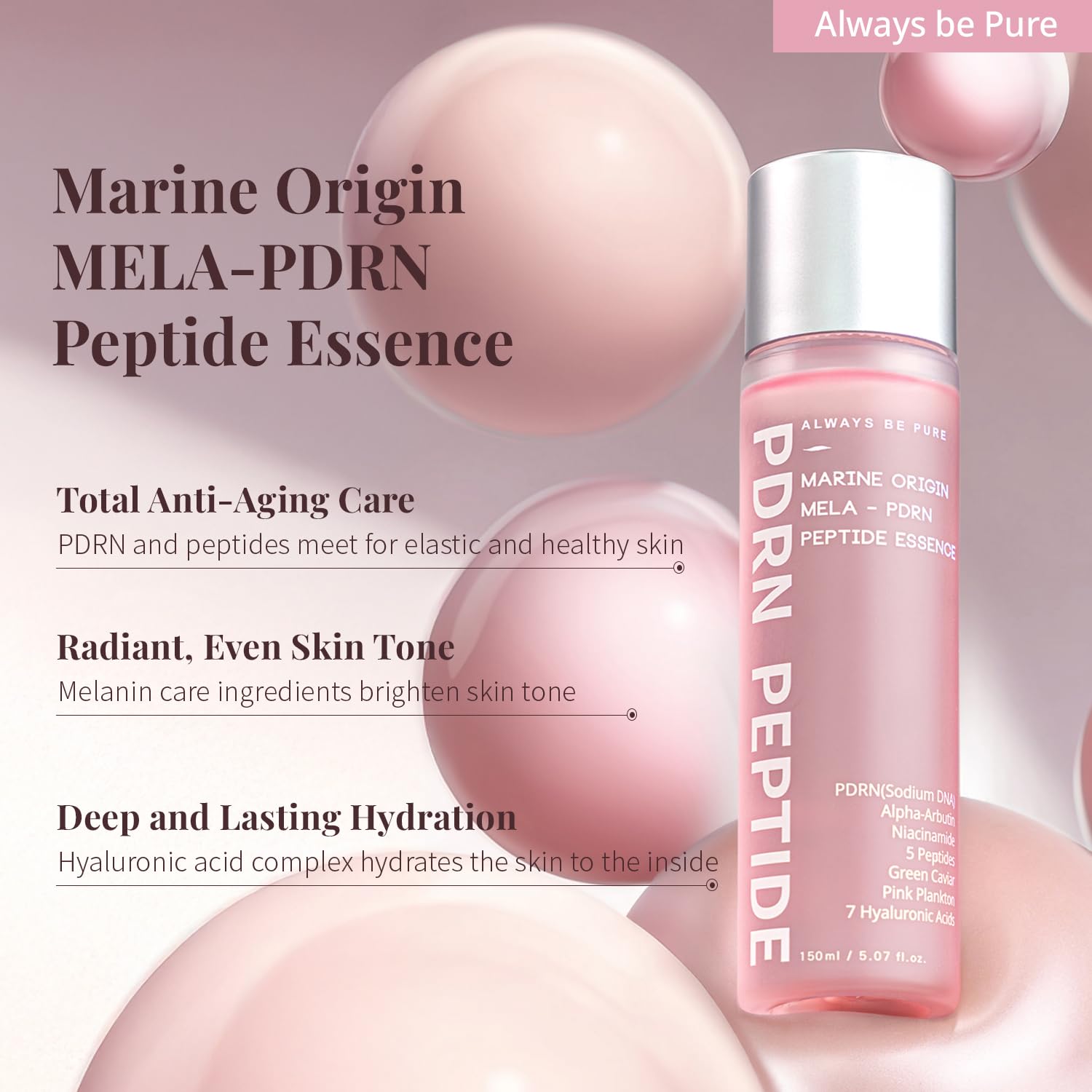 Always Be Pure Marine Origin Mela-PDRN label detail highlights brightener ingredients