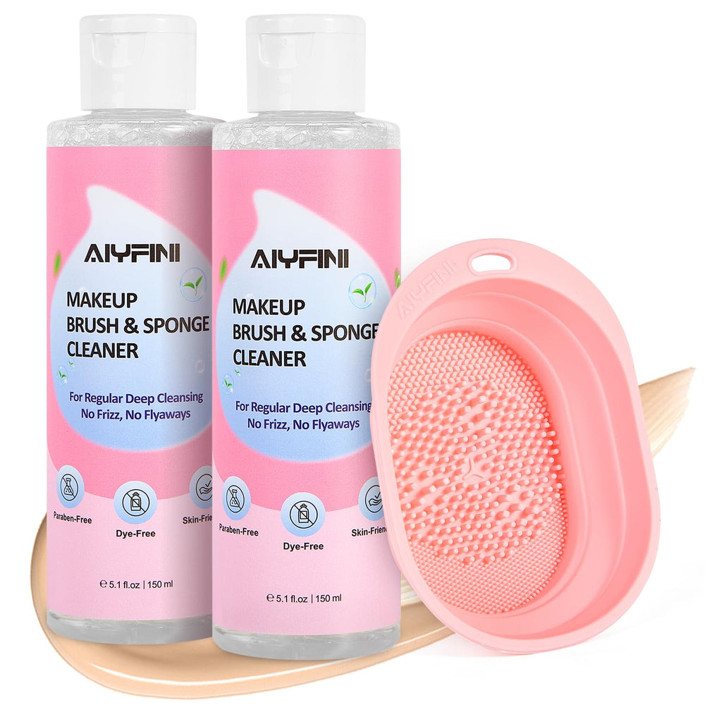 Alyfini makeup brush cleaner solution bottle for quick, thorough cleaning.