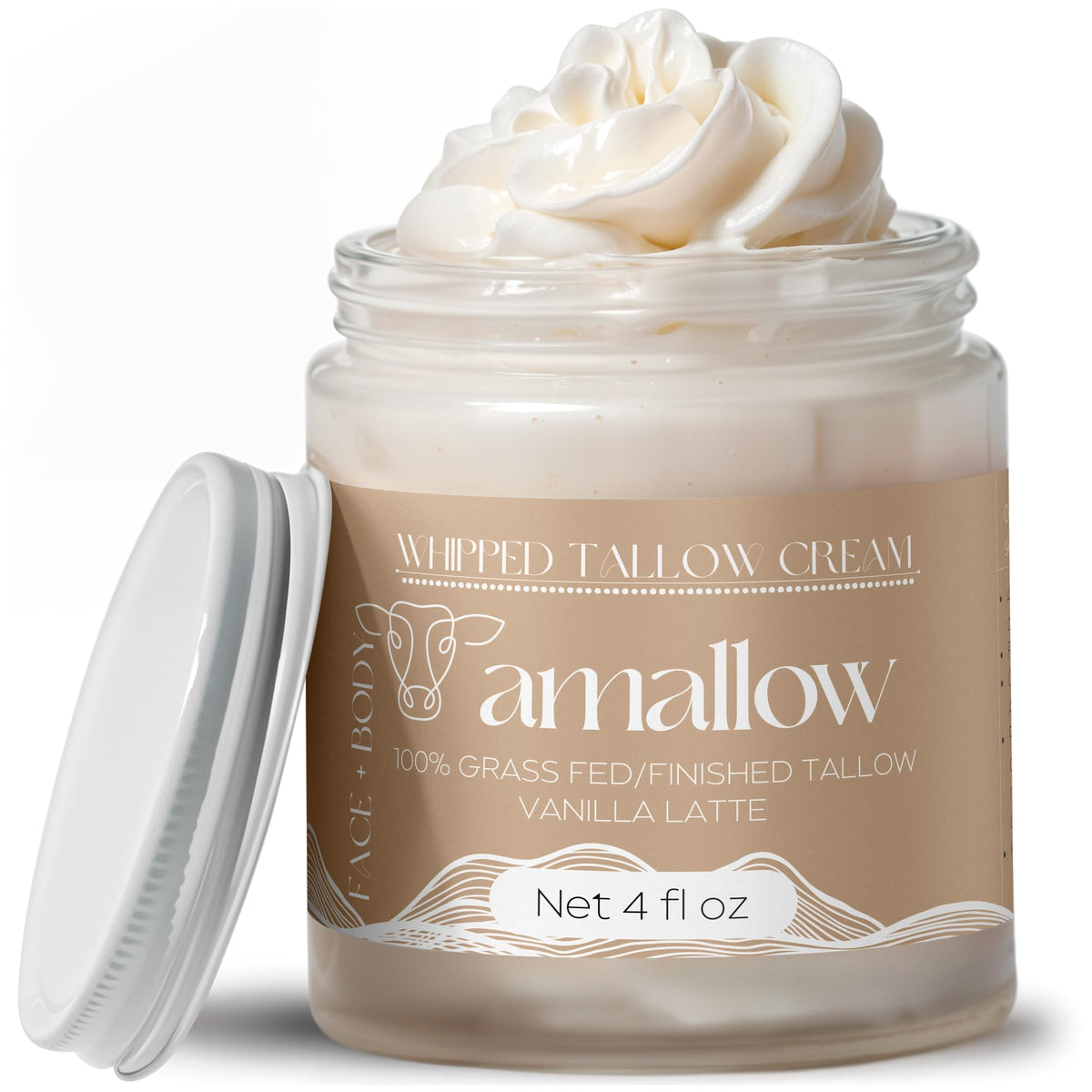 Amallow beef tallow moisturizer bottle with vanilla latte scent for face and body.