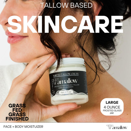 Amallow beef tallow whipped moisturizer in hand during application for smooth skin.