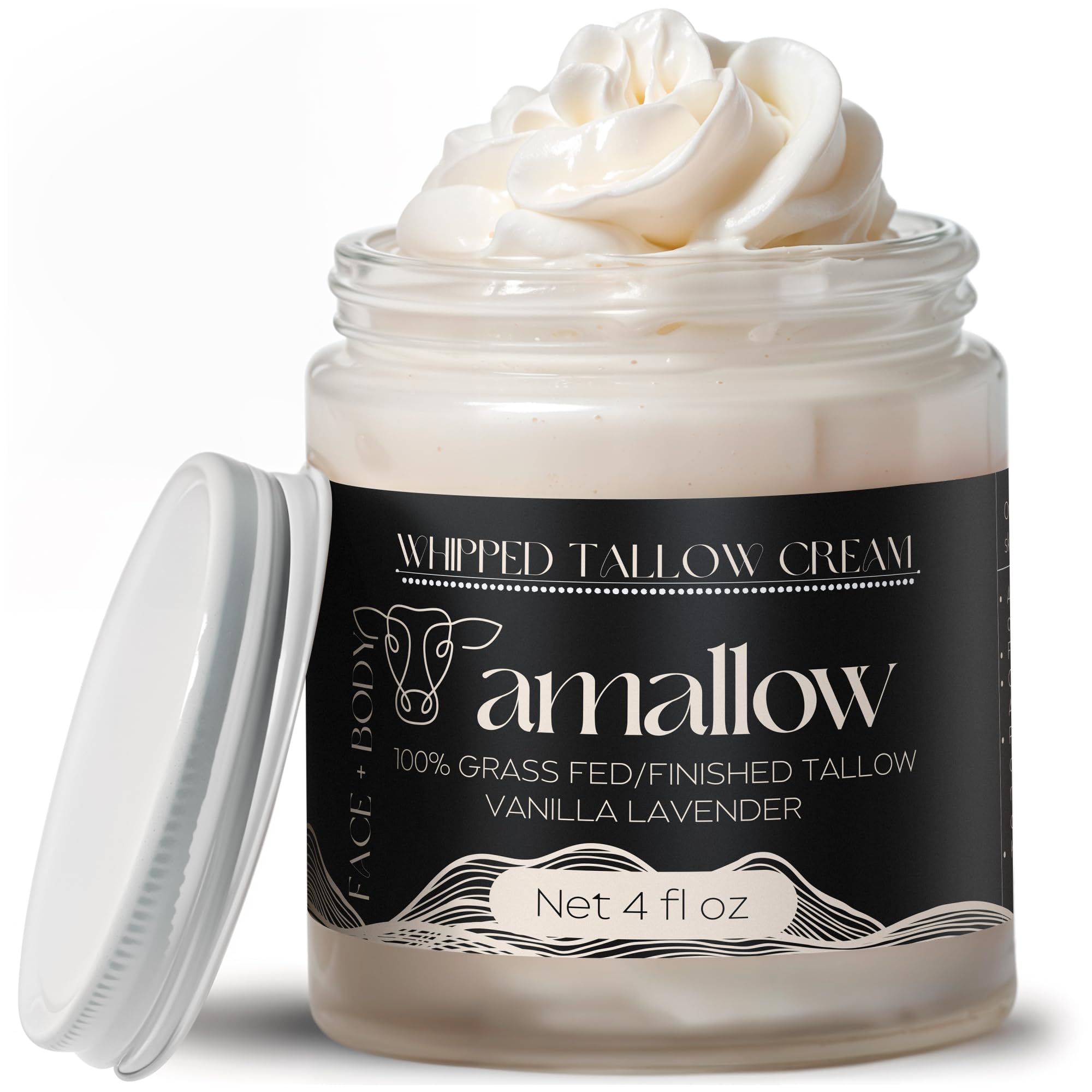 Amallow beef tallow whipped moisturizer jar shows rich texture for dry skin care.