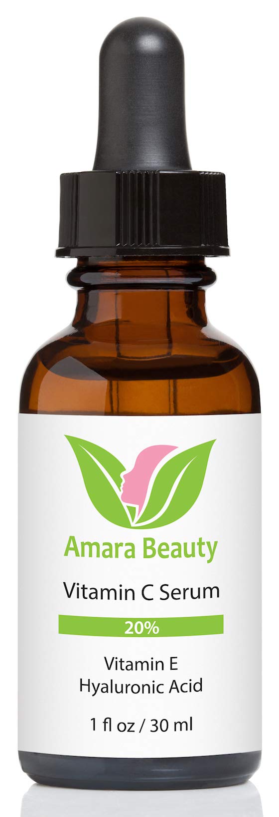 Amara Beauty Vitamin C Serum bottle highlighting hyaluronic acid for hydration.