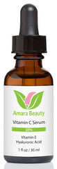 Amara Beauty Vitamin C Serum bottle highlighting hyaluronic acid for hydration.
