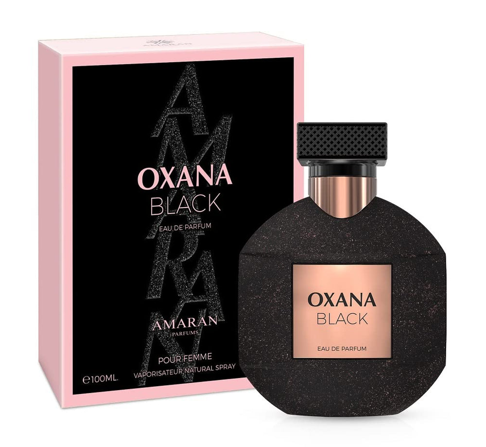 Amaran Oxana Black EDP bottle on display, bold scent for all-day presence.