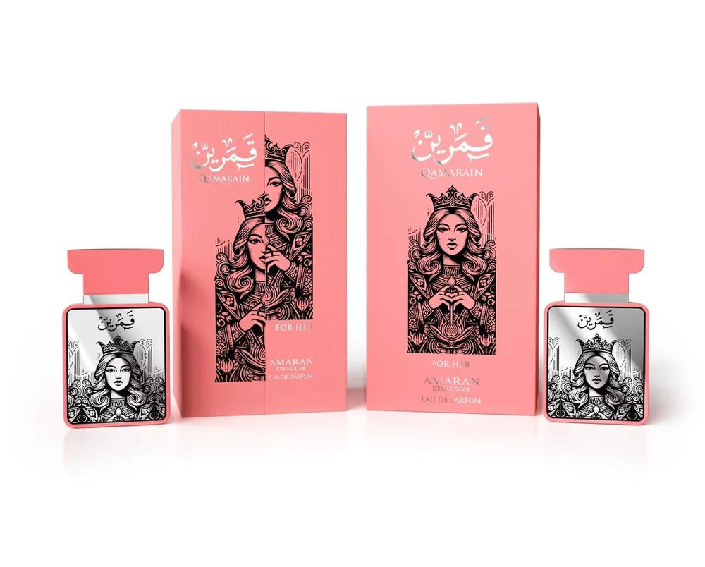 Amaran Parfums Qamarain for Her on a velvet display, suggesting upscale gifting.