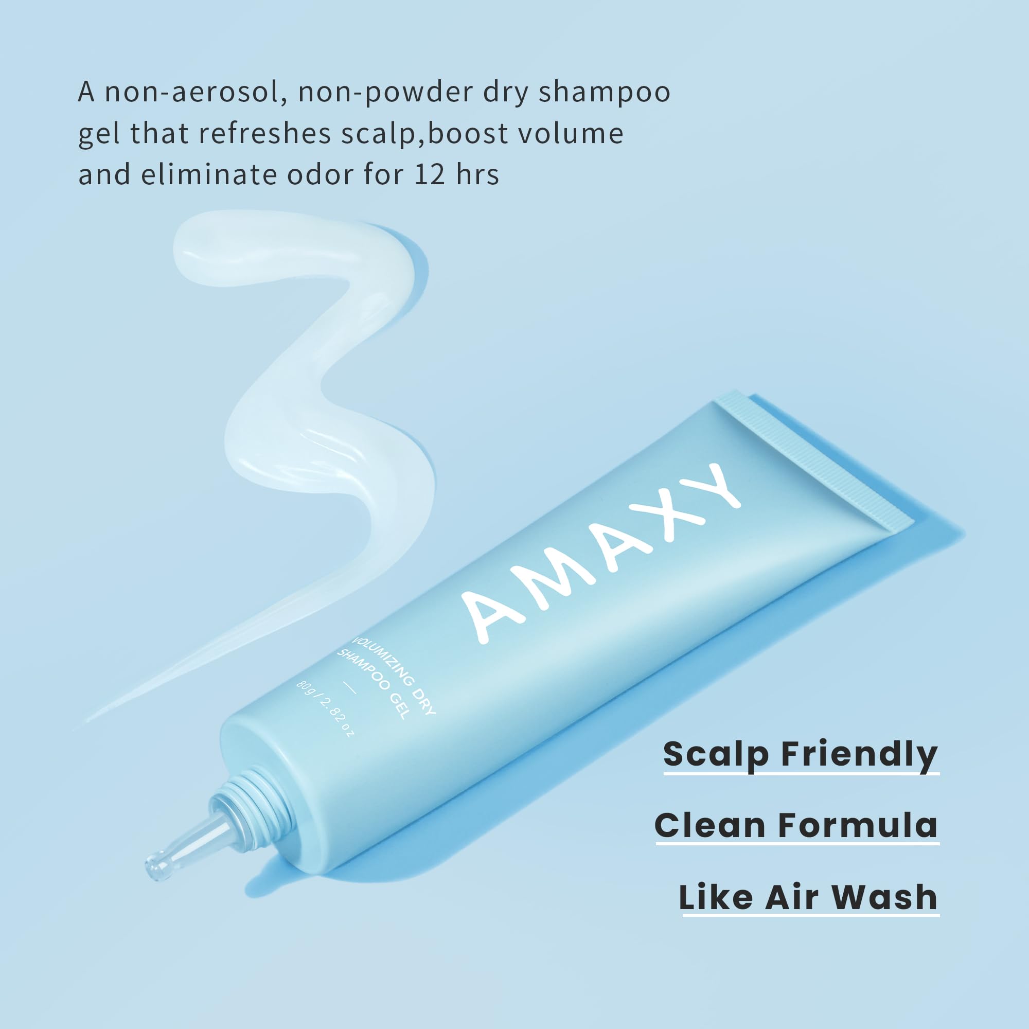 AMAXY Wet Dry Shampoo Gel pour shows quick application and non-aerosol cleansing