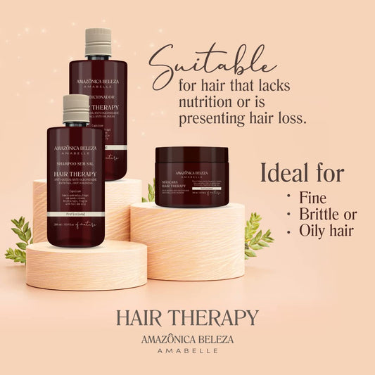 AMAZÓNICA BELEZA Hair Therapy Conditioner tube on vanity for smoothing.