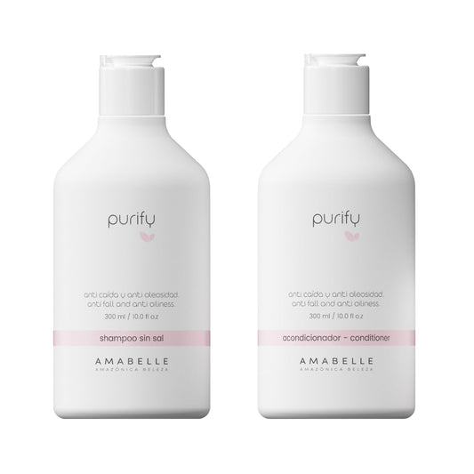 Amazónica Beleza Amabelle Purify Shampoo bottle demonstrates oily hair control.
