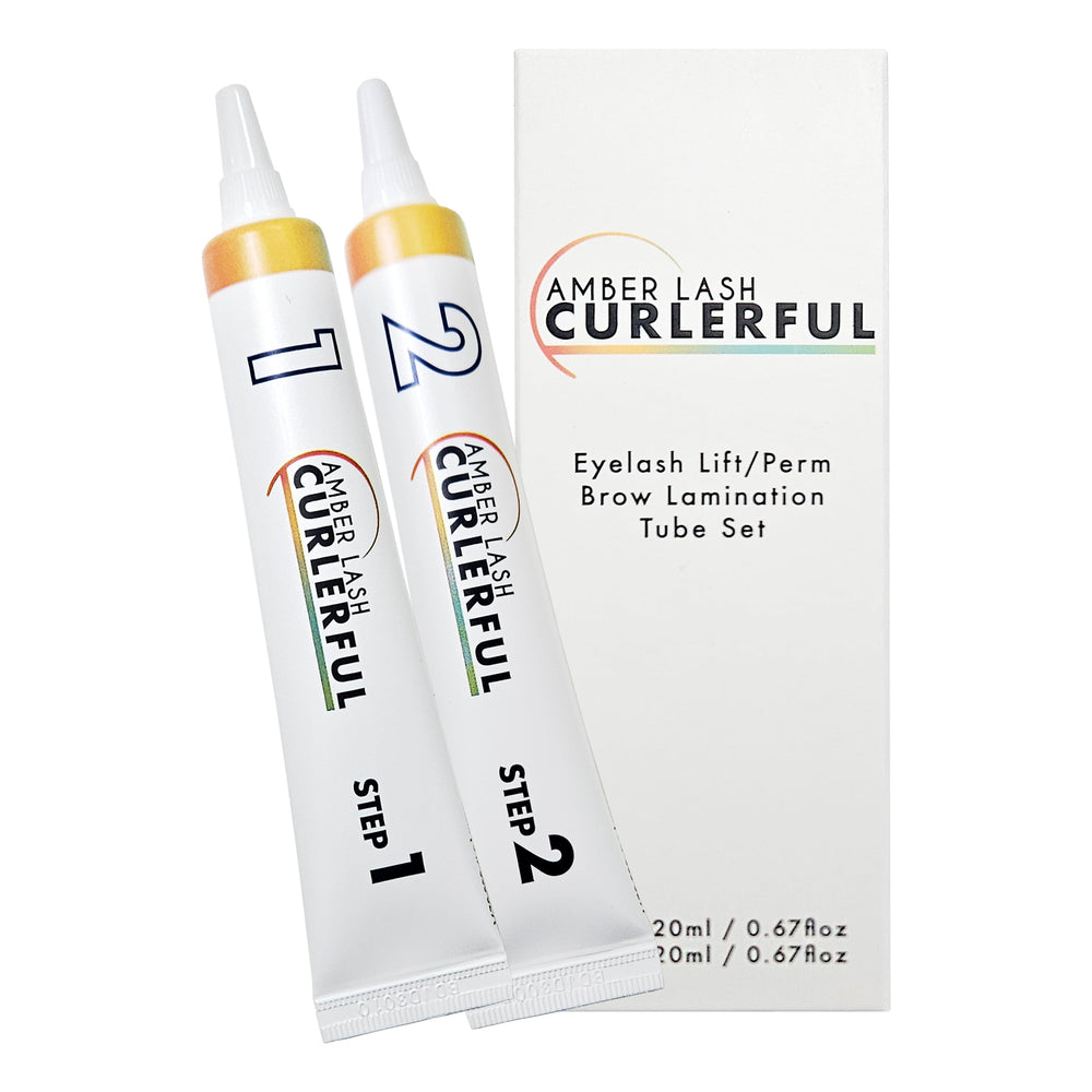 Amber Lash Curlerful Step 1 perm bottle supports precise brow lift results.