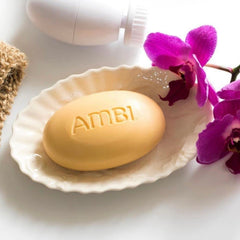 Ambi Cocoa Butter Cleansing Bar ingredients label highlights gentle nourishment.