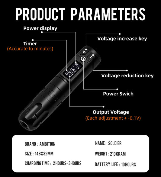 Ambition Soldier rotary battery pen display shows power status for smooth sessions.