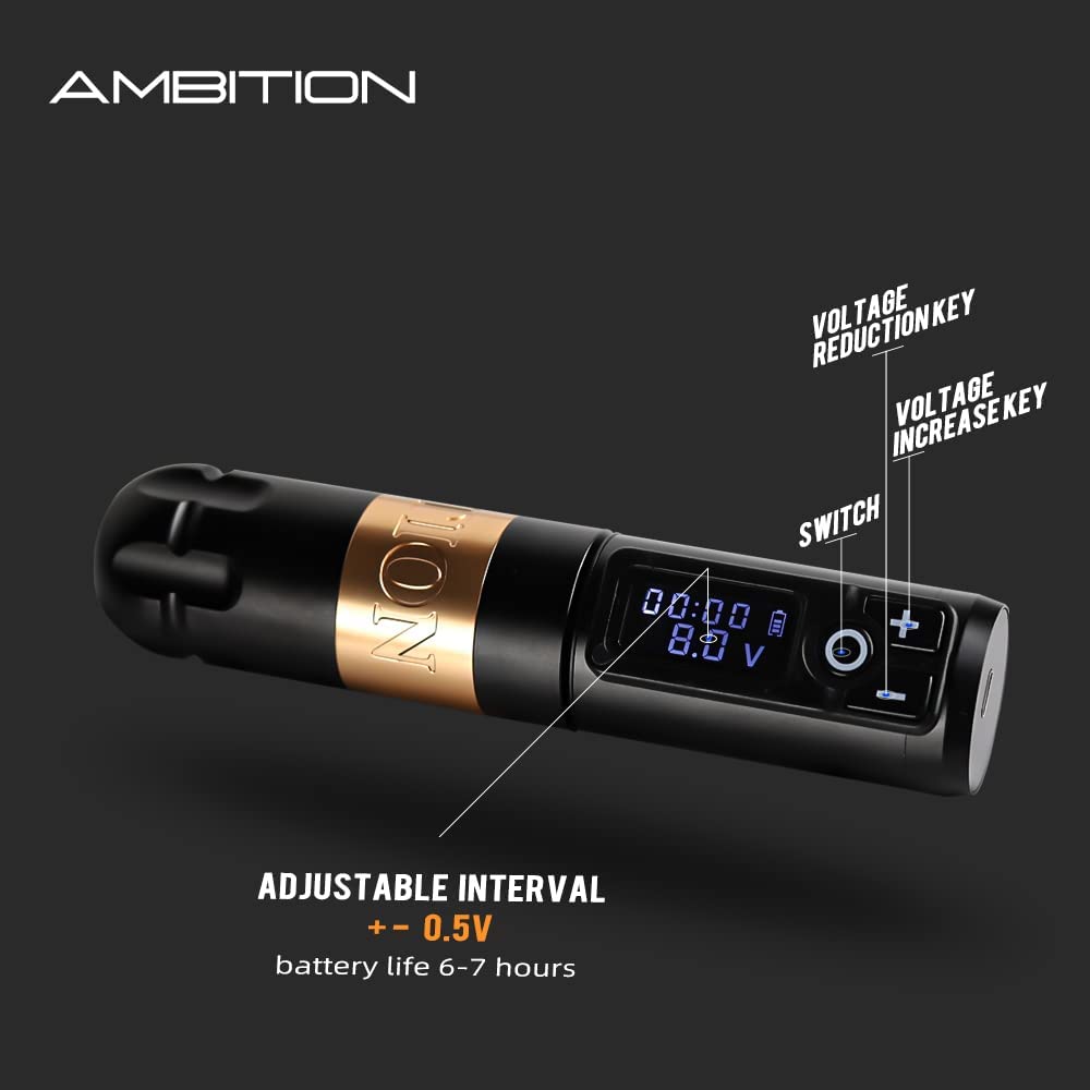 Ambition Soldier Rotary Battery Pen extra battery pack promotes extended tattoo sessions.