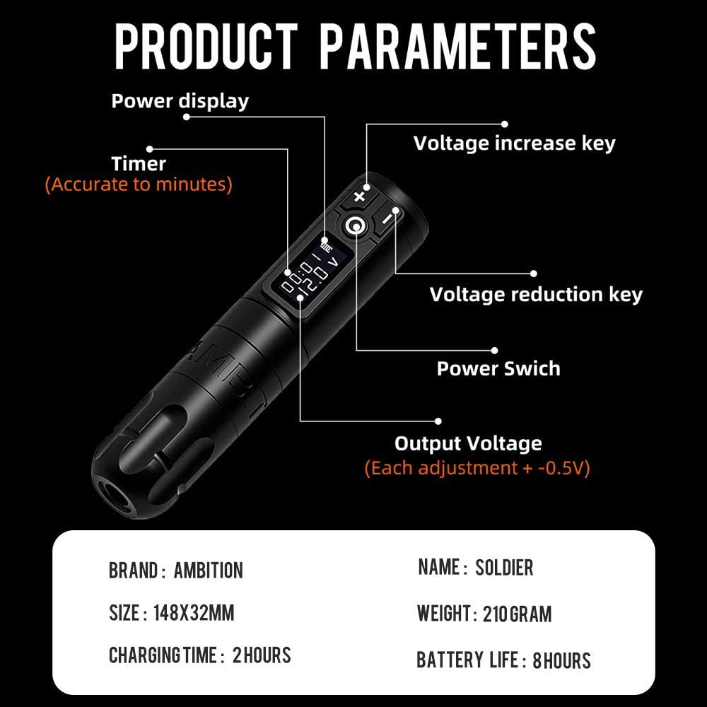 Ambition Soldier Rotary Battery Pen side grip highlights comfortable silhouette for long sessions.