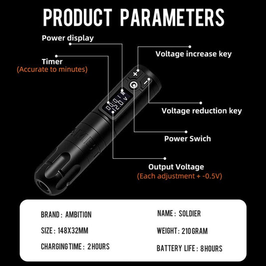 Ambition Soldier Rotary Battery Pen side grip highlights comfortable silhouette for long sessions.