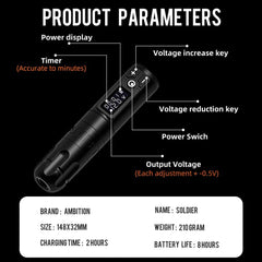 Ambition Soldier Rotary Battery Pen side grip highlights comfortable silhouette for long sessions.