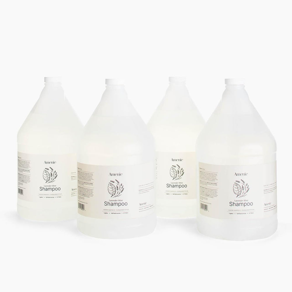 Amenie Lavender Mint Shampoo bottle close-up, spa-like cleansing and shine.