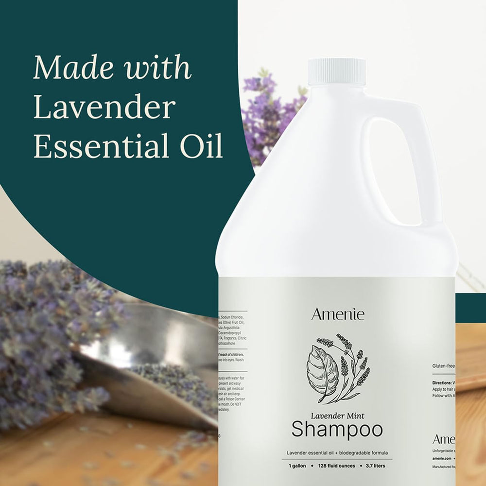 Amenie Lavender Mint Shampoo gallon case, bulk hospitality supply for guests.