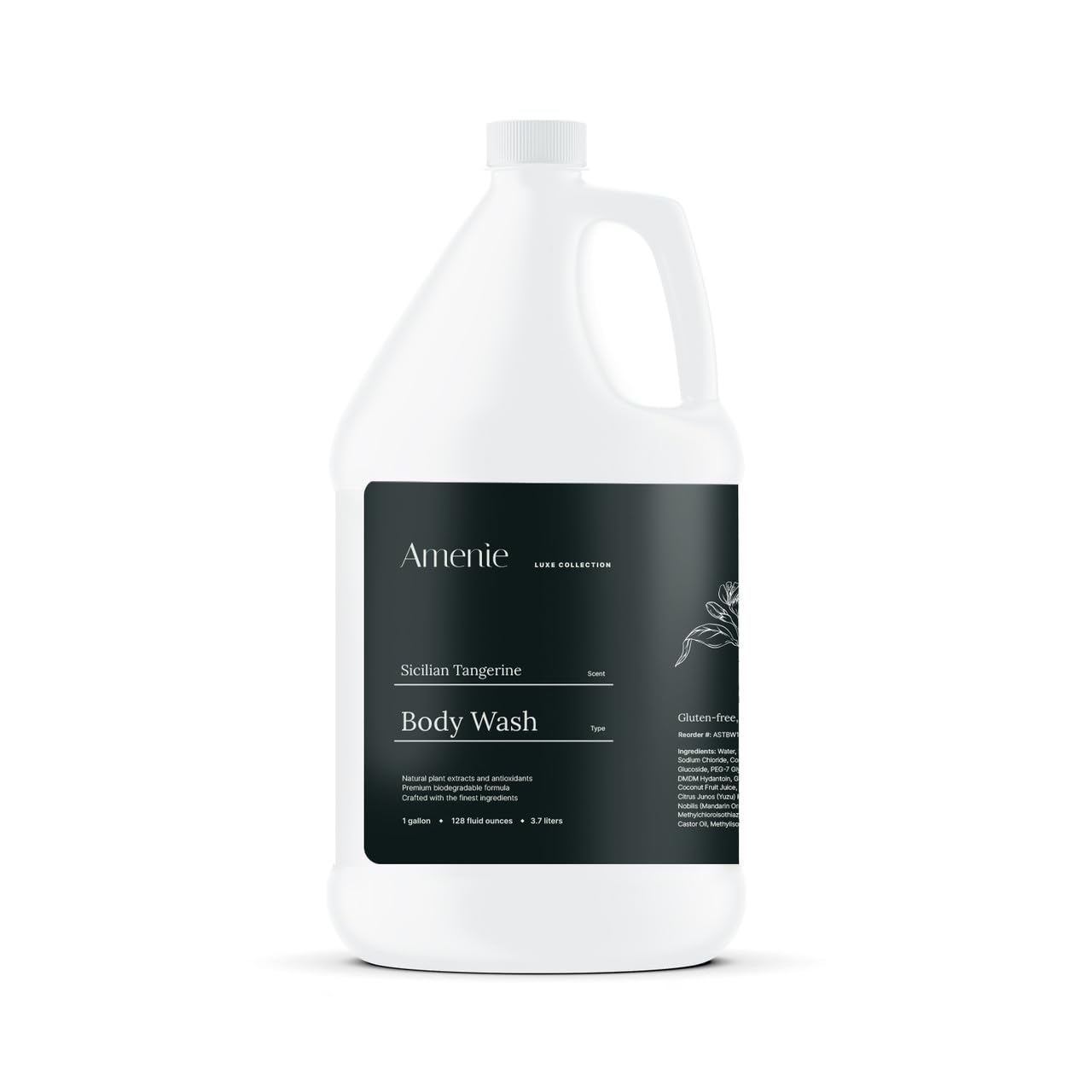Amenie Sicilian Tangerine body wash bottle with vibrant citrus notes for hotel bathrooms.