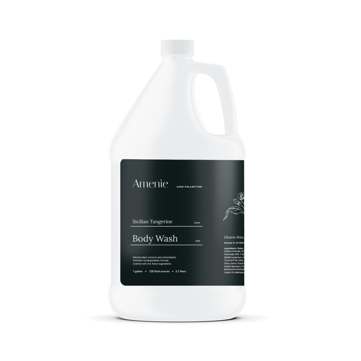 Amenie Sicilian Tangerine body wash bottle with vibrant citrus notes for hotel bathrooms.